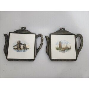 Vintage 2 Cast Iron Tile Trivets Made in England Footed Tower Bridge Parliament